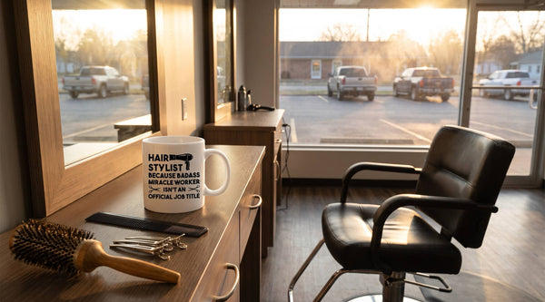 Hair stylist coffee mug on a salon station beside a comb, clips and round brush in early morning light before opening