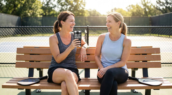 Two women laughing on a courtside bench, one holding a Tears of My Pickleball Opponents tumbler, a pickleball gift for women