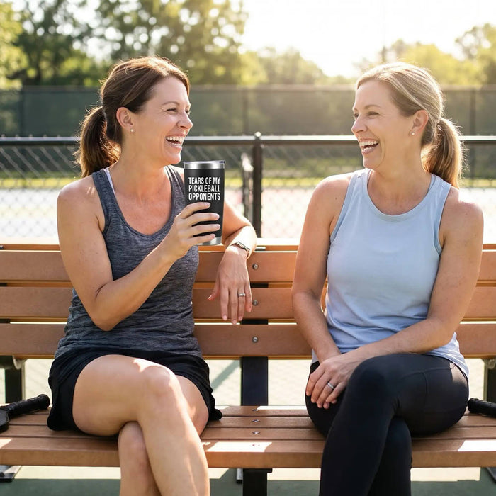 Two women laughing on a courtside bench, one holding a Tears of My Pickleball Opponents tumbler, a pickleball gift for women