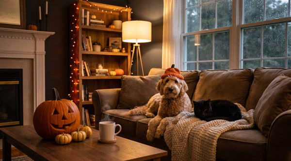 Goldendoodle in an orange knit pumpkin hat and a black cat on a cozy couch beside a jack-o'-lantern