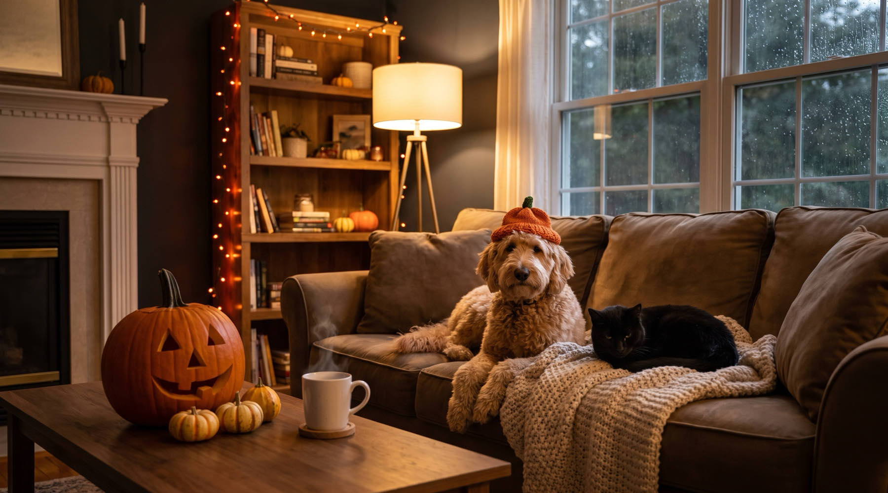 Goldendoodle in an orange knit pumpkin hat and a black cat on a cozy couch beside a jack-o'-lantern