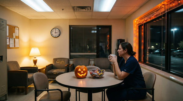 Nurse in navy scrubs drinking coffee in a quiet hospital break room at 3 a.m. with a glowing jack-o'-lantern and a bowl of candy