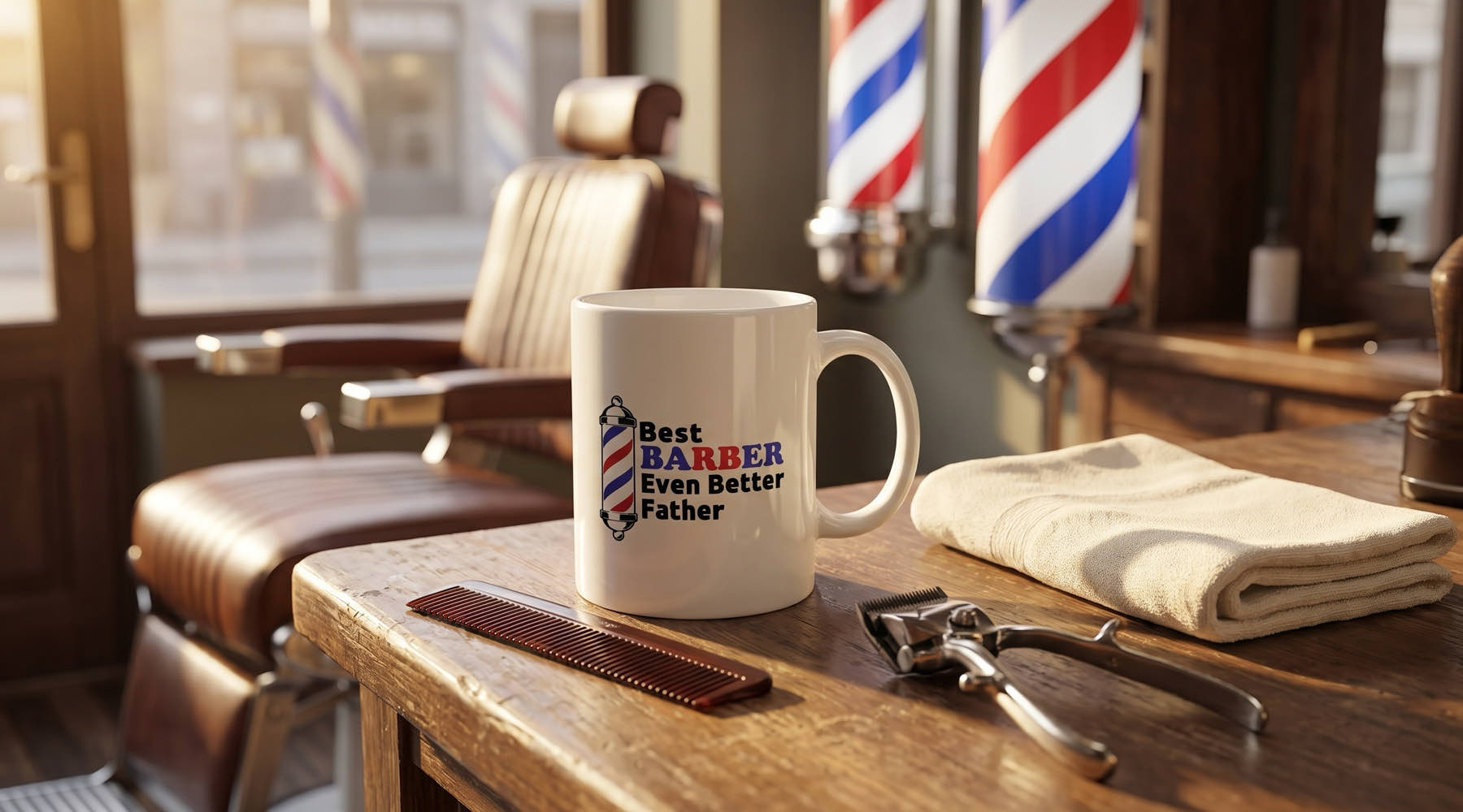 Best Barber Even Better Father mug on a barbershop counter with a comb and clippers, one of our funny gifts for barbers