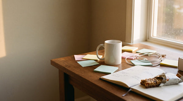 Busy office desk with a white coffee mug, sticky notes and an open planner, for a shit show manager gift guide