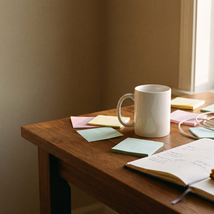 Busy office desk with a white coffee mug, sticky notes and an open planner, for a shit show manager gift guide
