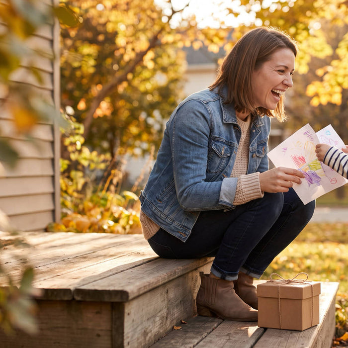 A godmother laughs with her small goddaughter on the porch steps as the girl hands her a hand-drawn card