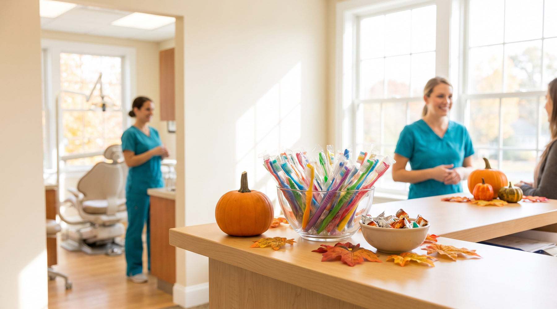 Dental office front desk in October with a small pumpkin, a bowl of new toothbrushes, fall leaves and a smiling hygienist