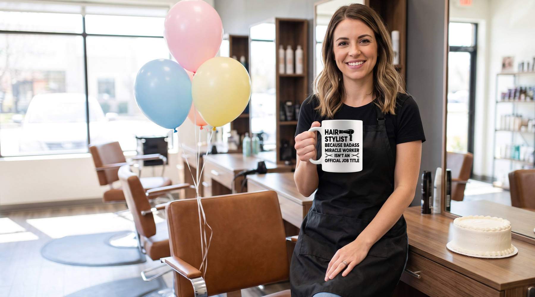 Hair stylist holding a Miracle Worker mug at her salon station with balloons and cake, a birthday gift for hair stylist
