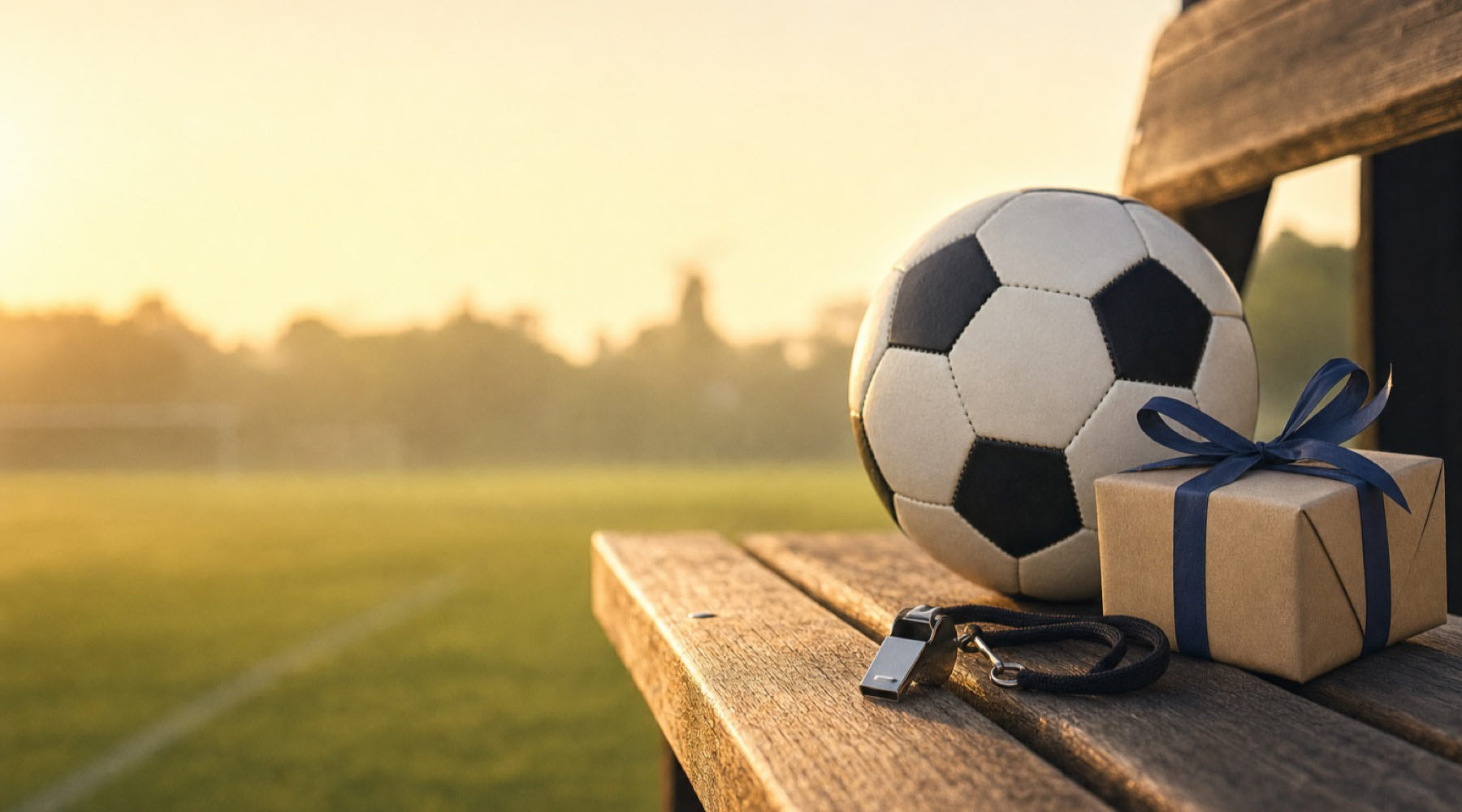 Soccer ball, wrapped gift box and a coach's whistle on a wooden bench — soccer coach gift ideas
