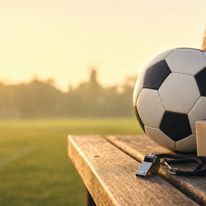 Soccer ball, wrapped gift box and a coach's whistle on a wooden bench — soccer coach gift ideas