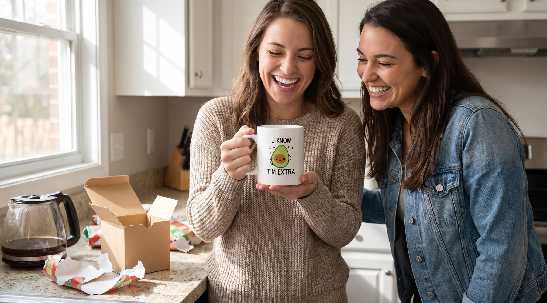 Two friends laughing at the I KNOW I'M EXTRA avocado mug, a funny vegan present just unwrapped