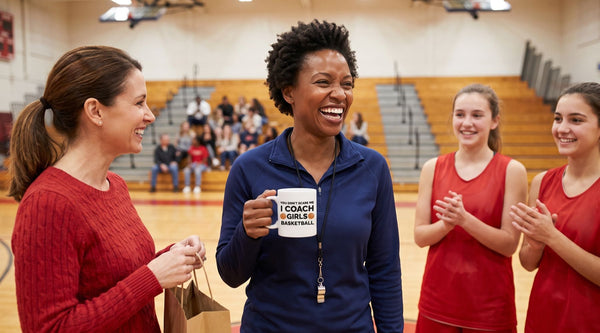 A team mom and two players surprise their girls basketball coach in the gym with a You Don't Scare Me I Coach Girls Basketball mug