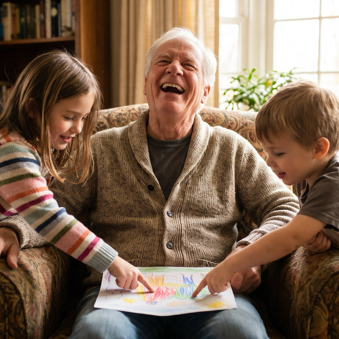 Great uncle laughing in his armchair as his great-niece and great-nephew show him a crayon drawing they made