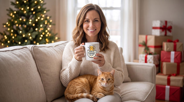 A woman sits on a sofa with her orange cat on her lap, holding an A Good Day Starts With Coffee & Cat mug by the Christmas tree