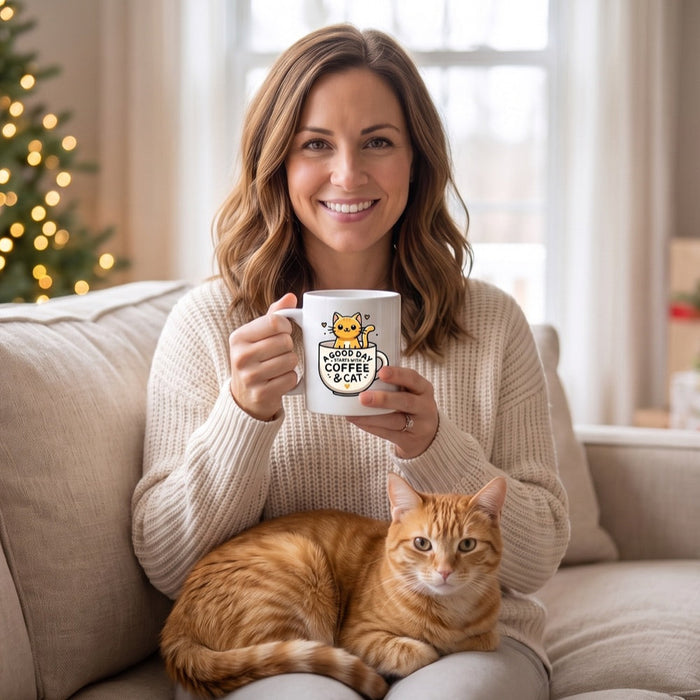 A woman sits on a sofa with her orange cat on her lap, holding an A Good Day Starts With Coffee & Cat mug by the Christmas tree