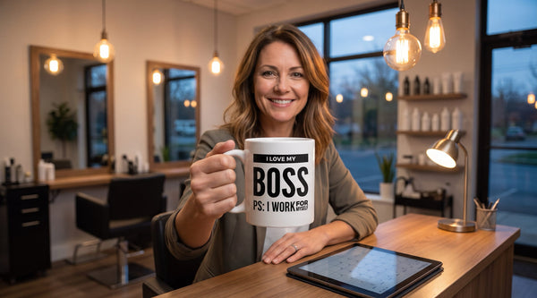 Salon owner at her front desk after closing, holding an I Love My Boss mug, one of the gifts for salon owner ideas