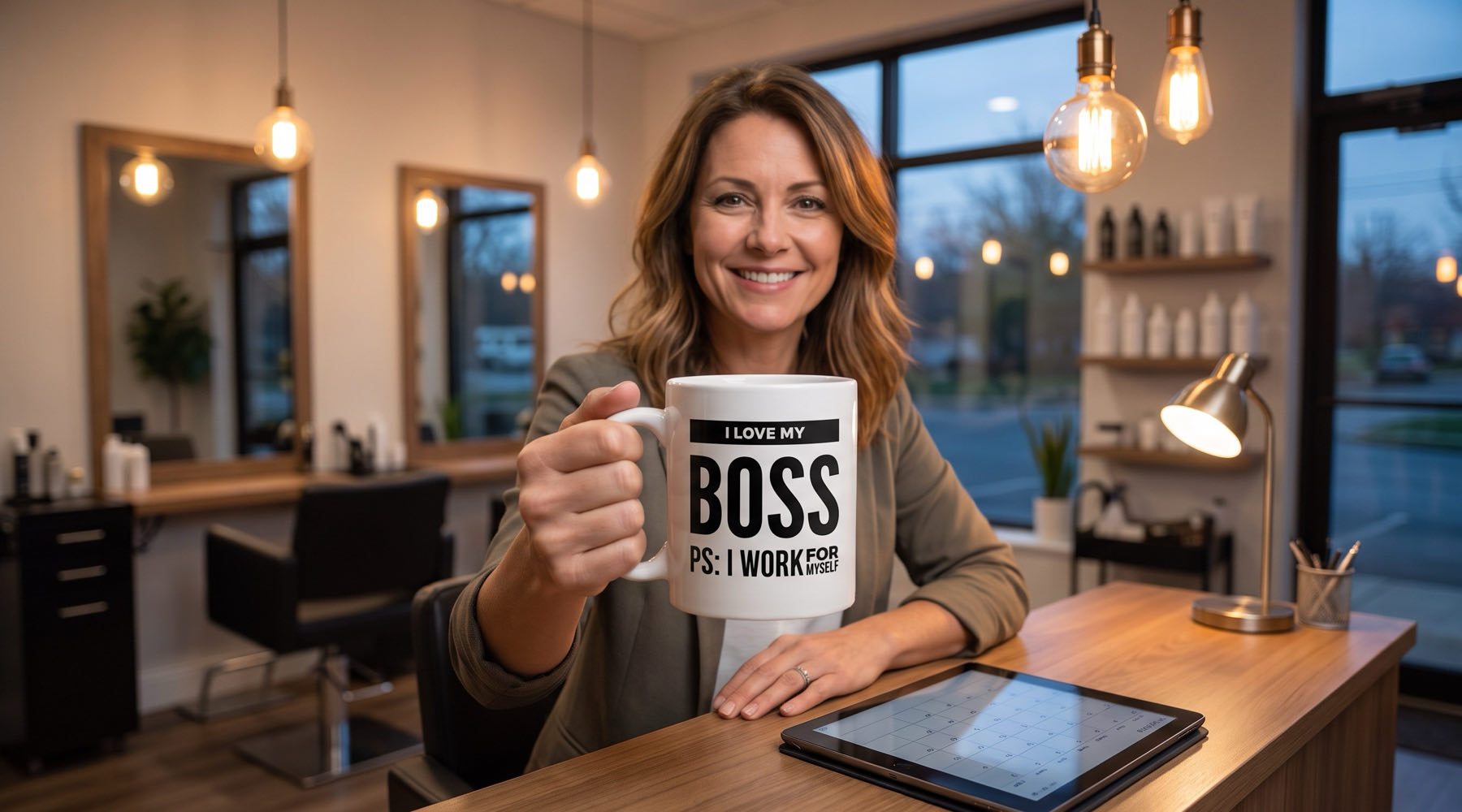 Salon owner at her front desk after closing, holding an I Love My Boss mug, one of the gifts for salon owner ideas