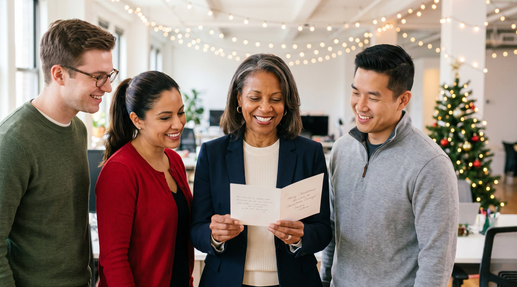 Boss smiling as she reads a handwritten Christmas card from her team in a decorated office
