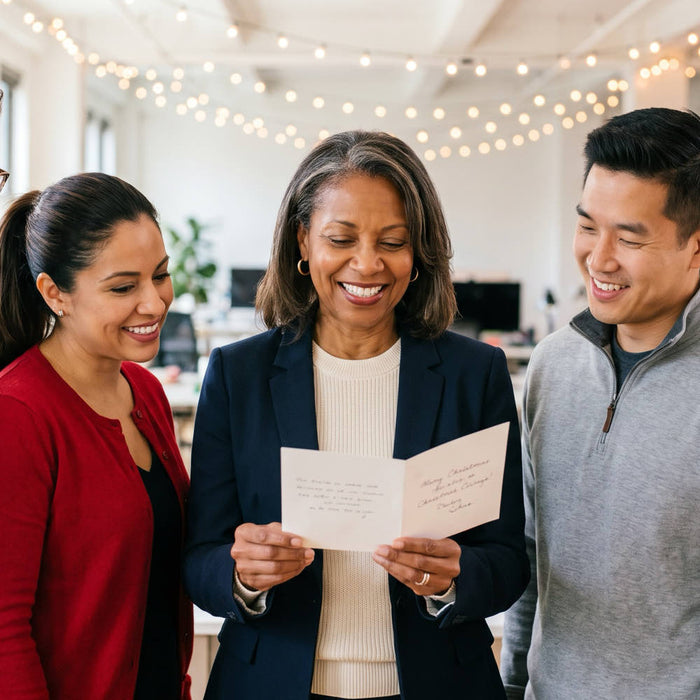 Boss smiling as she reads a handwritten Christmas card from her team in a decorated office