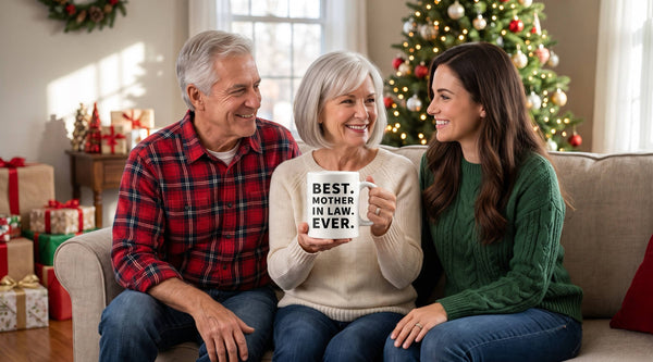 Mother-in-law holds a Best Mother In Law Ever mug on Christmas morning, sitting between her husband and daughter-in-law