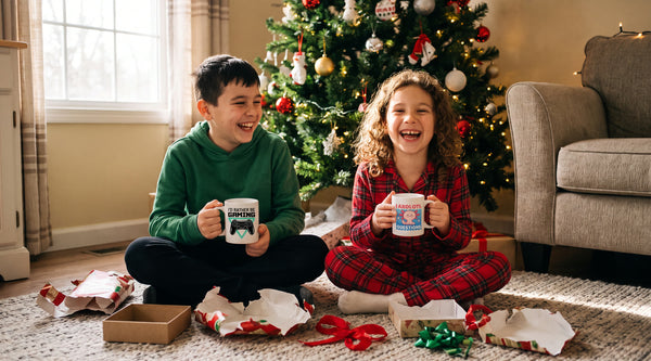 A brother and sister laugh in front of the Christmas tree holding an I'd Rather Be Gaming mug and an I Axolotl Questions mug among torn wrapping paper
