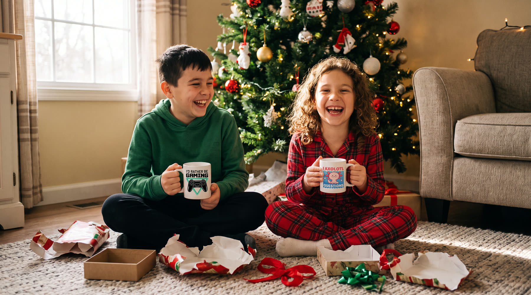 A brother and sister laugh in front of the Christmas tree holding an I'd Rather Be Gaming mug and an I Axolotl Questions mug among torn wrapping paper