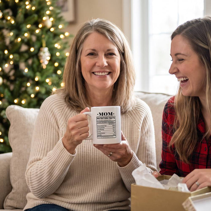 Mom on the sofa on Christmas morning holding a Mom Nutrition Facts mug while her adult daughter laughs beside her