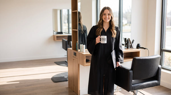 New cosmetology graduate in a black gown holding a Hairapist mug beside her first salon station, cosmetology graduation gifts