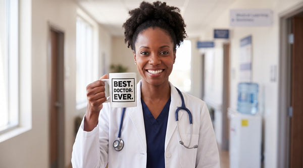 A smiling doctor in a white coat holds up a "Best. Doctor. Ever." coffee mug in a bright clinic hallway