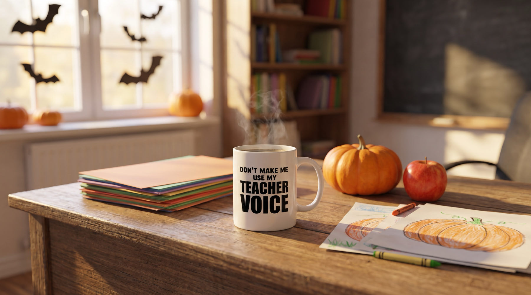 Don't Make Me Use My Teacher Voice mug on a classroom desk with a pumpkin, an apple and kids' pumpkin drawings