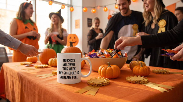 Office Halloween party prize table with a No Crisis Allowed This Week mug, pumpkins, candy and gold ribbon rosettes