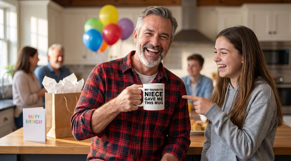 An uncle laughing as he holds his My Favorite Niece Gave Me This Mug while his teen niece points at it at a family birthday