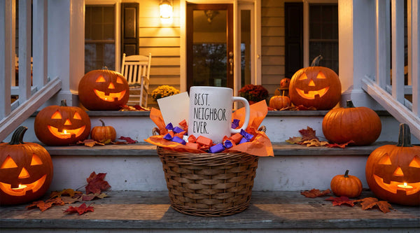 Best Neighbor Ever mug filled with wrapped candy in a basket on a front porch with carved pumpkins
