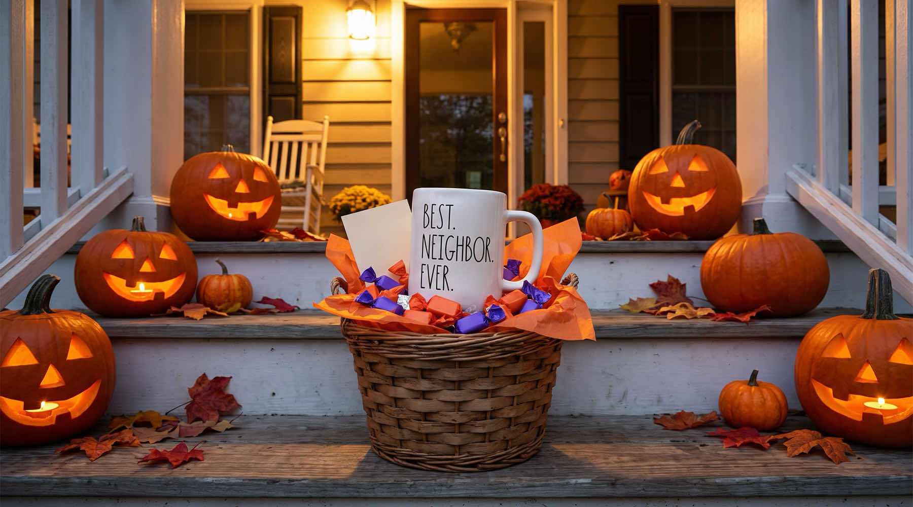 Best Neighbor Ever mug filled with wrapped candy in a basket on a front porch with carved pumpkins