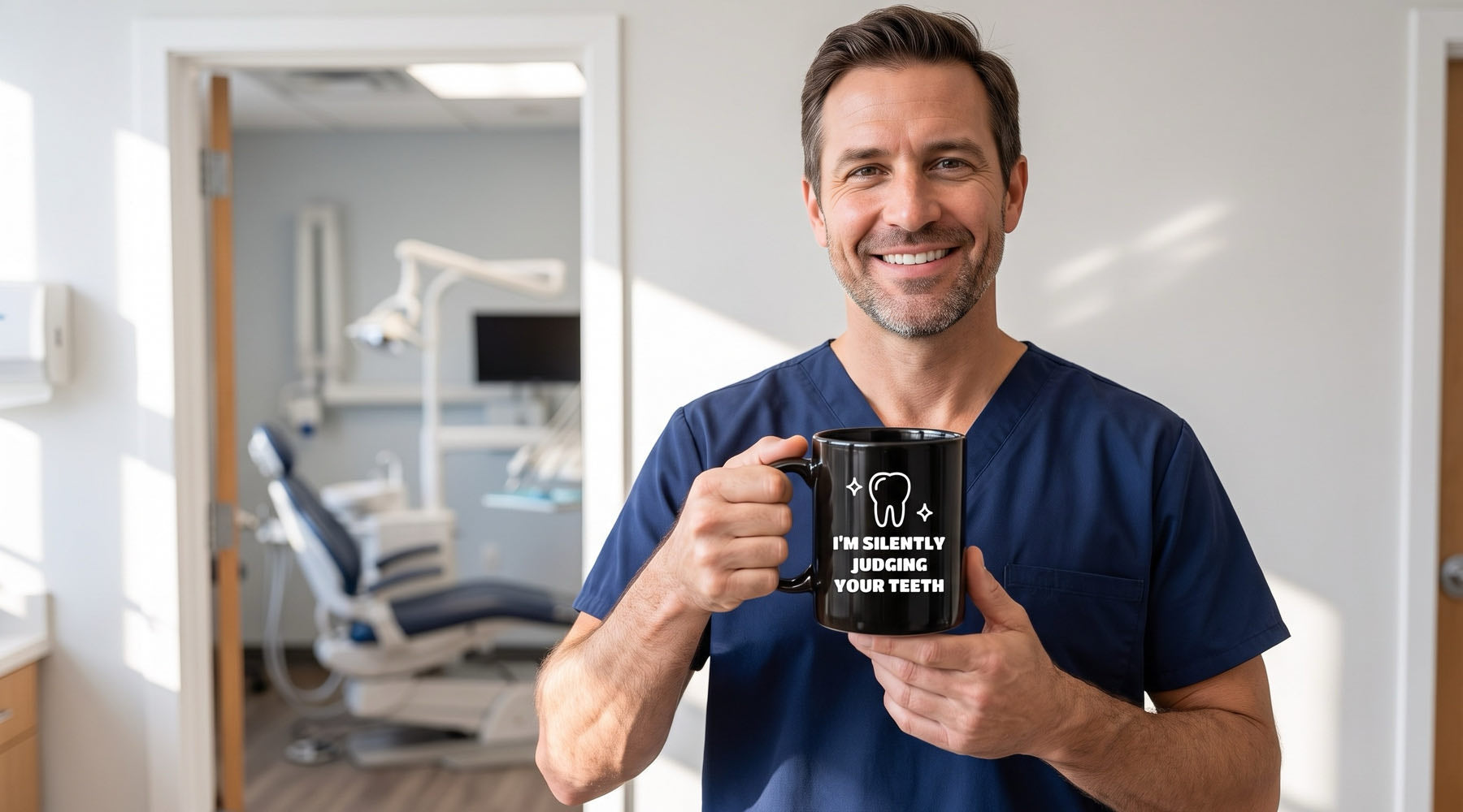 Smiling dentist in navy scrubs holding a black I'm Silently Judging Your Teeth mug, a dental gag gift