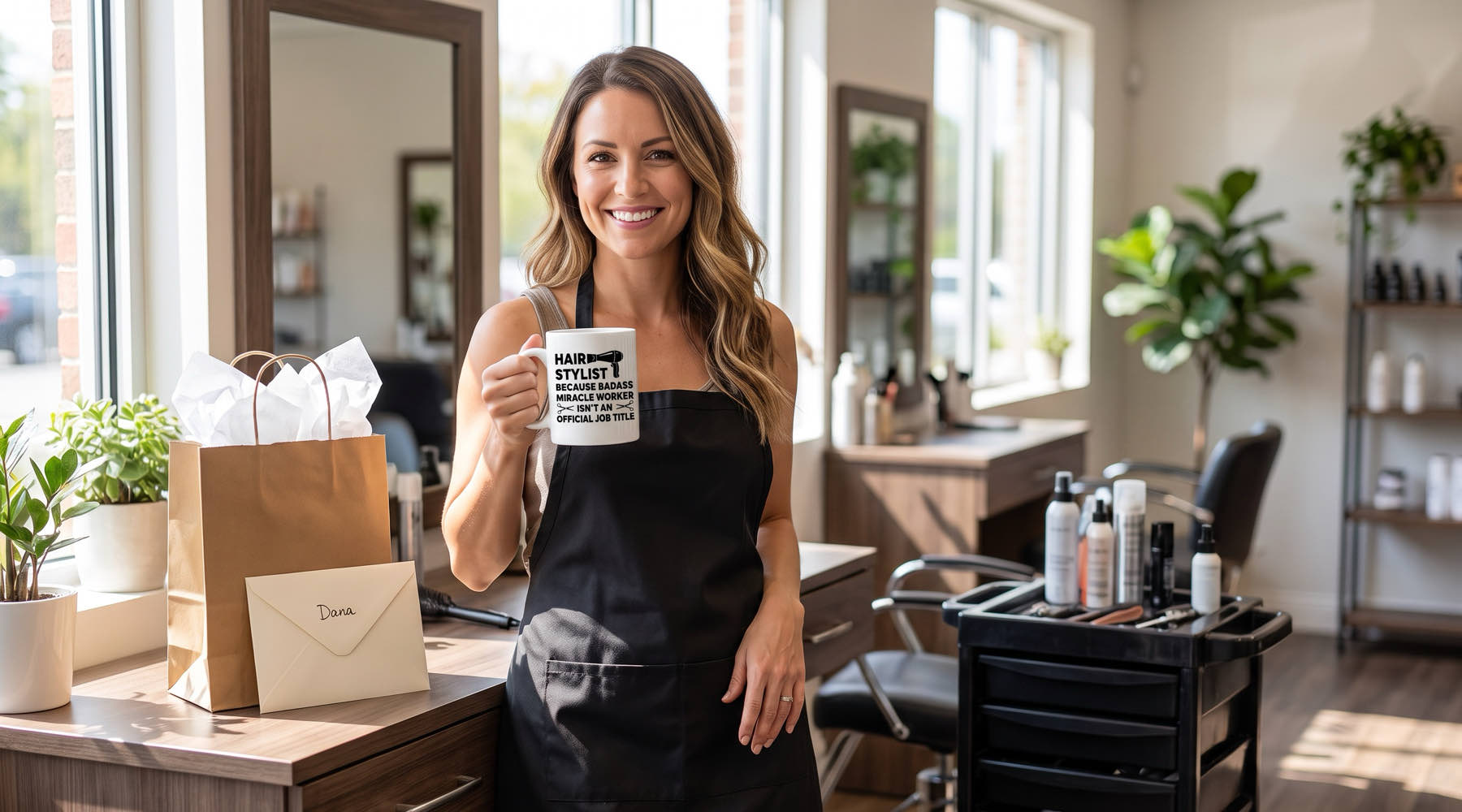 Hair stylist smiling with a miracle worker coffee mug beside a client's gift bag and card, a thank you gift for hair stylist