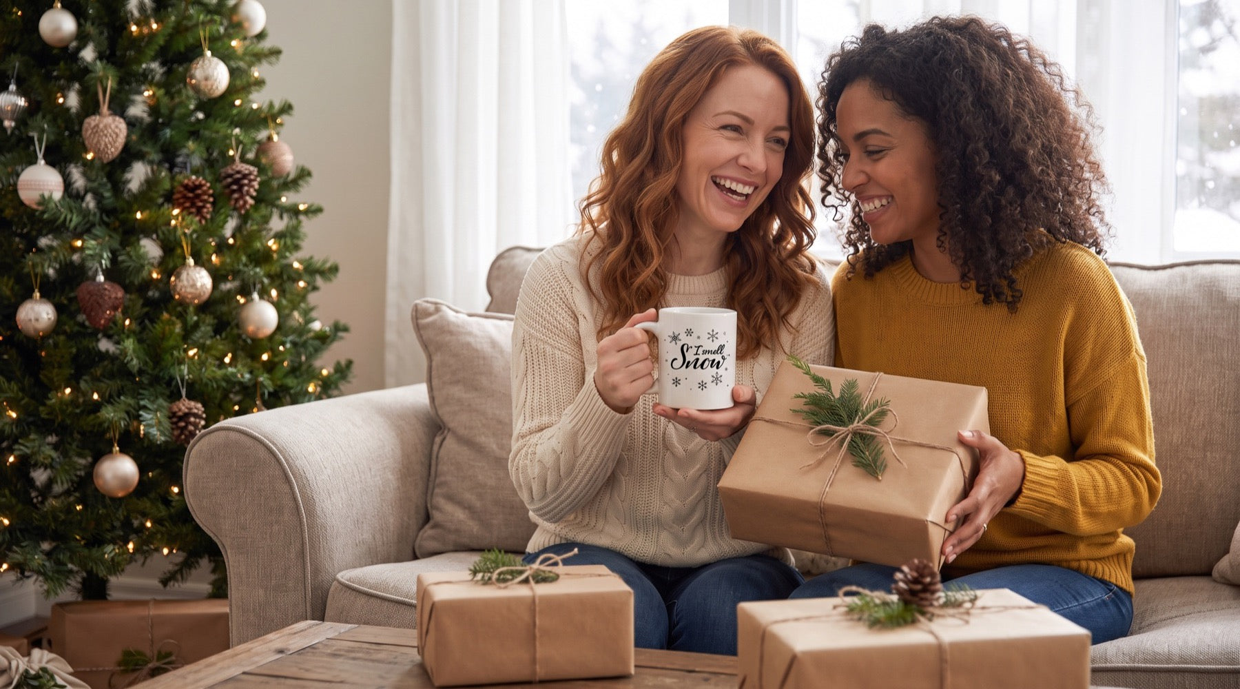 Two friends on a sofa by the Christmas tree with an I Smell Snow mug and gifts wrapped in brown paper