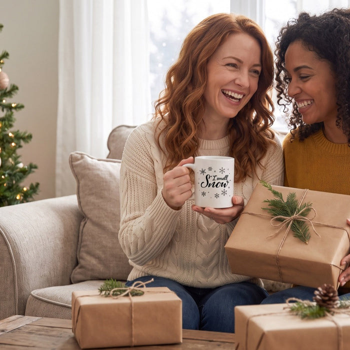 Two friends on a sofa by the Christmas tree with an I Smell Snow mug and gifts wrapped in brown paper