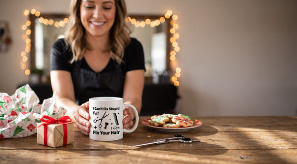 Secret Santa gifts for hair stylist: smiling stylist with an I Can't Fix Stupid mug, a wrapped gift, cookies and shears
