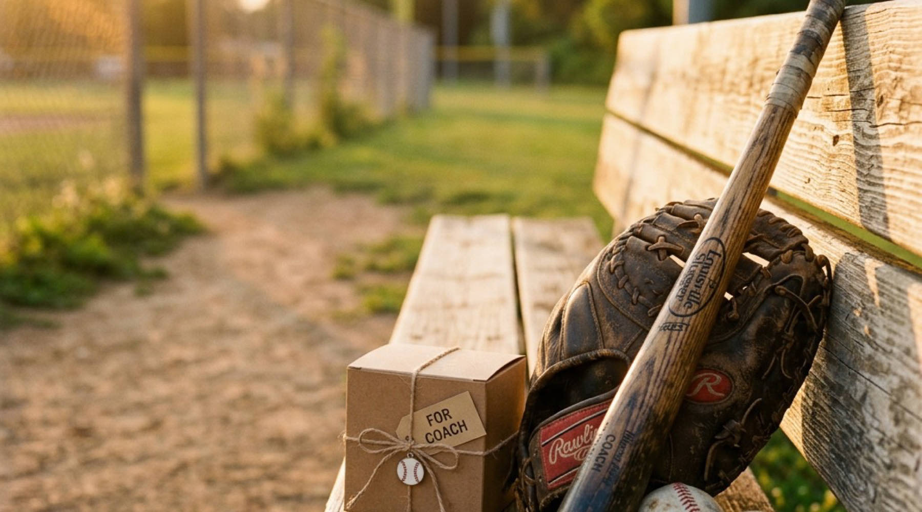 A baseball glove and wooden bat on a bench beside a gift box, a baseball coach gift idea that gets kept