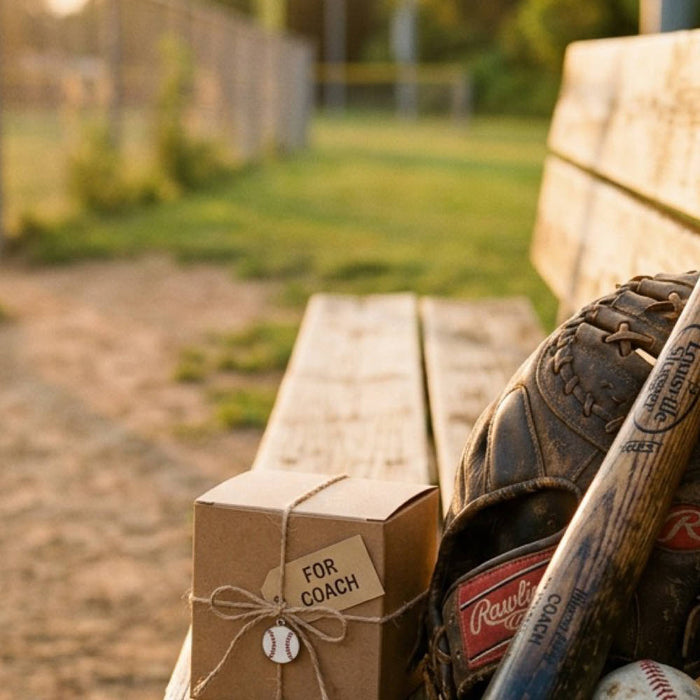 A baseball glove and wooden bat on a bench beside a gift box, a baseball coach gift idea that gets kept