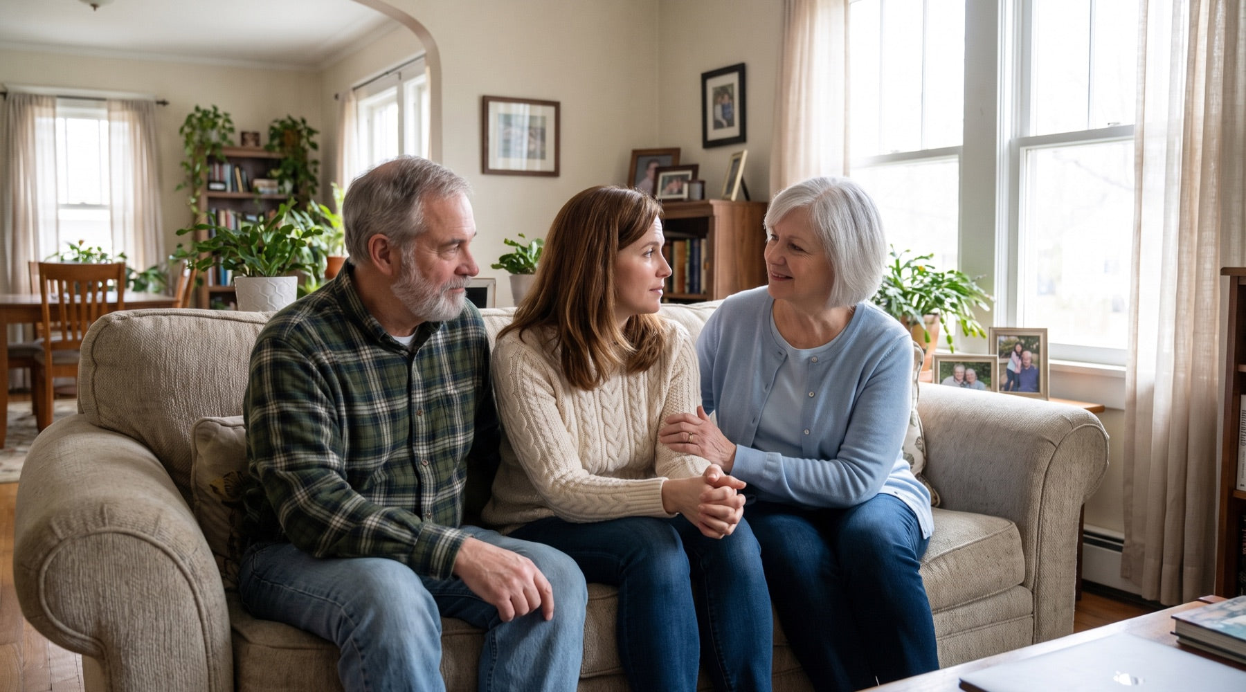 An adult daughter sitting between her parents on the sofa, talking calmly through a family issue