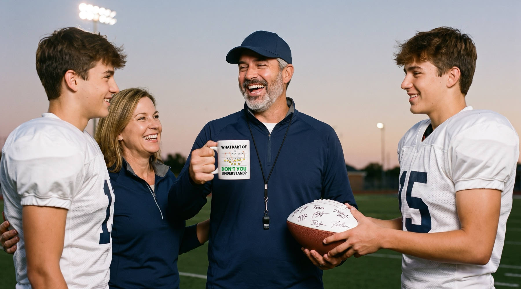 A team mom and two football players surprise their head coach on the field after the last game with a team-signed football while he holds a What Part Of Don't You Understand mug
