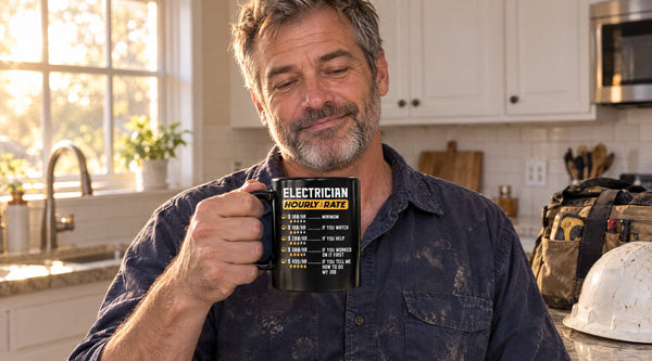 Funny electrician gifts: an electrician in a kitchen holding the Electrician Hourly Rate mug