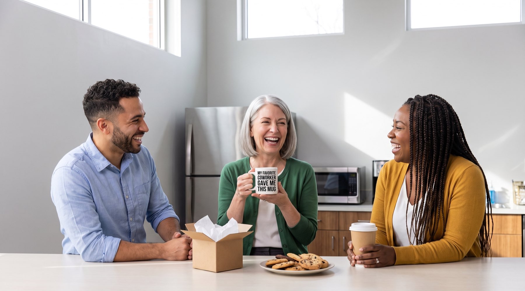 Three coworkers laugh at a break room table as one holds a "My Favorite Coworker Gave Me This Mug" mug next to an open gift box
