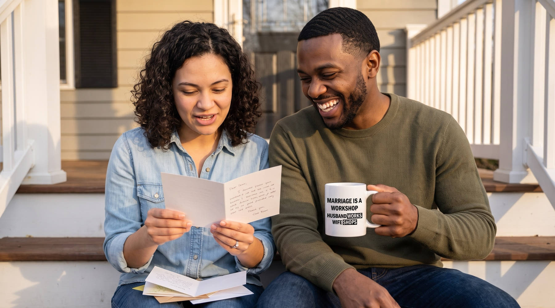 A newlywed couple laughing on their porch steps while reading wedding cards, one holding a Marriage Is a Workshop mug