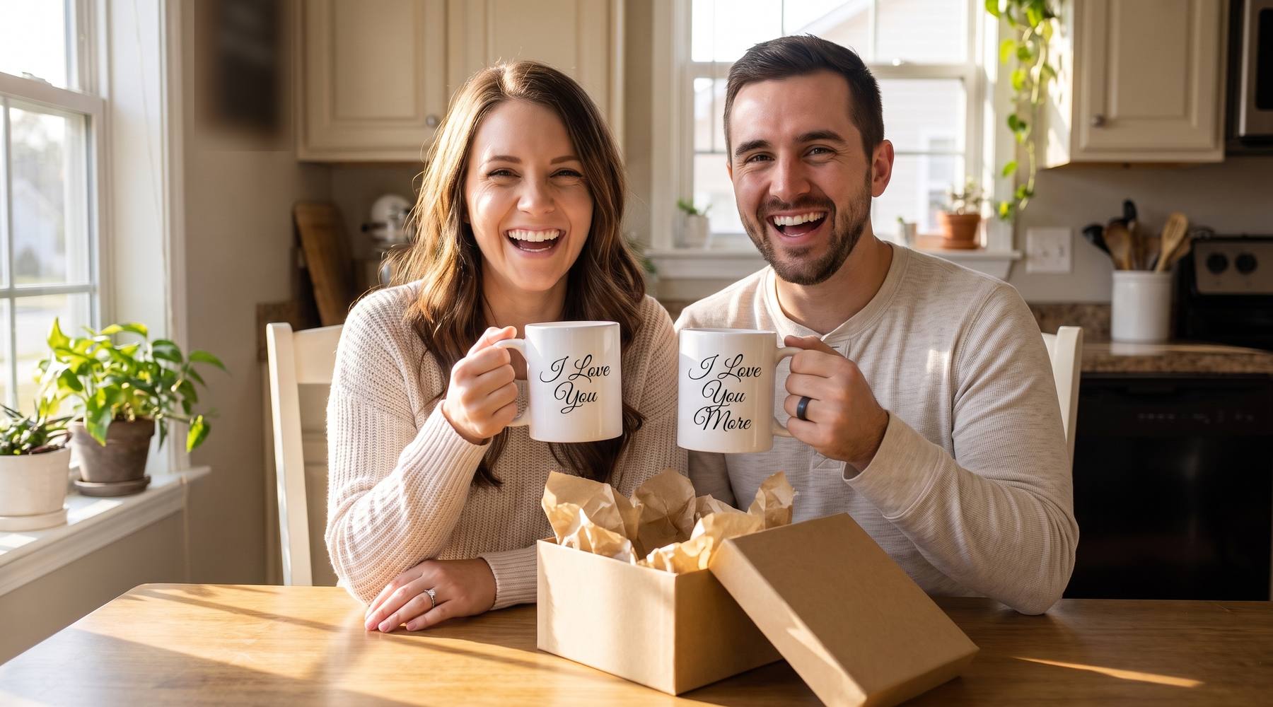 A newlywed couple laughing at their kitchen table as they unwrap a gift of I Love You and I Love You More mugs