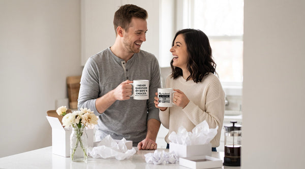 Newlyweds laughing at their kitchen counter with "I never question my wife's choices" and "hotter than my coffee" mugs