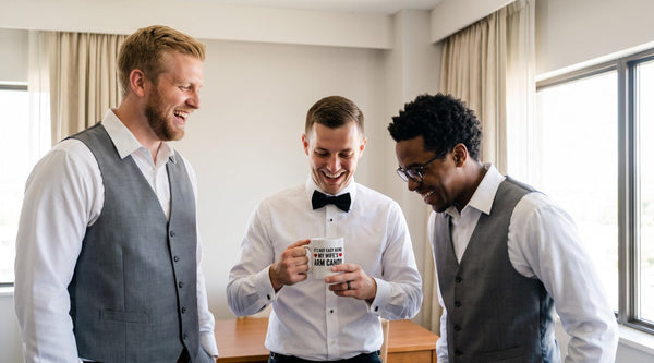 Groom in a bow tie holds a funny arm candy mug while two groomsmen laugh with him on the wedding morning