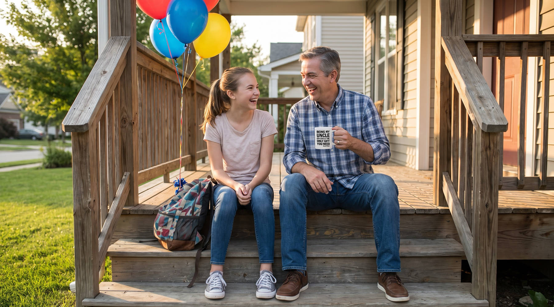 An uncle and his teenage niece laughing on the porch steps, his Being My Uncle mug in hand